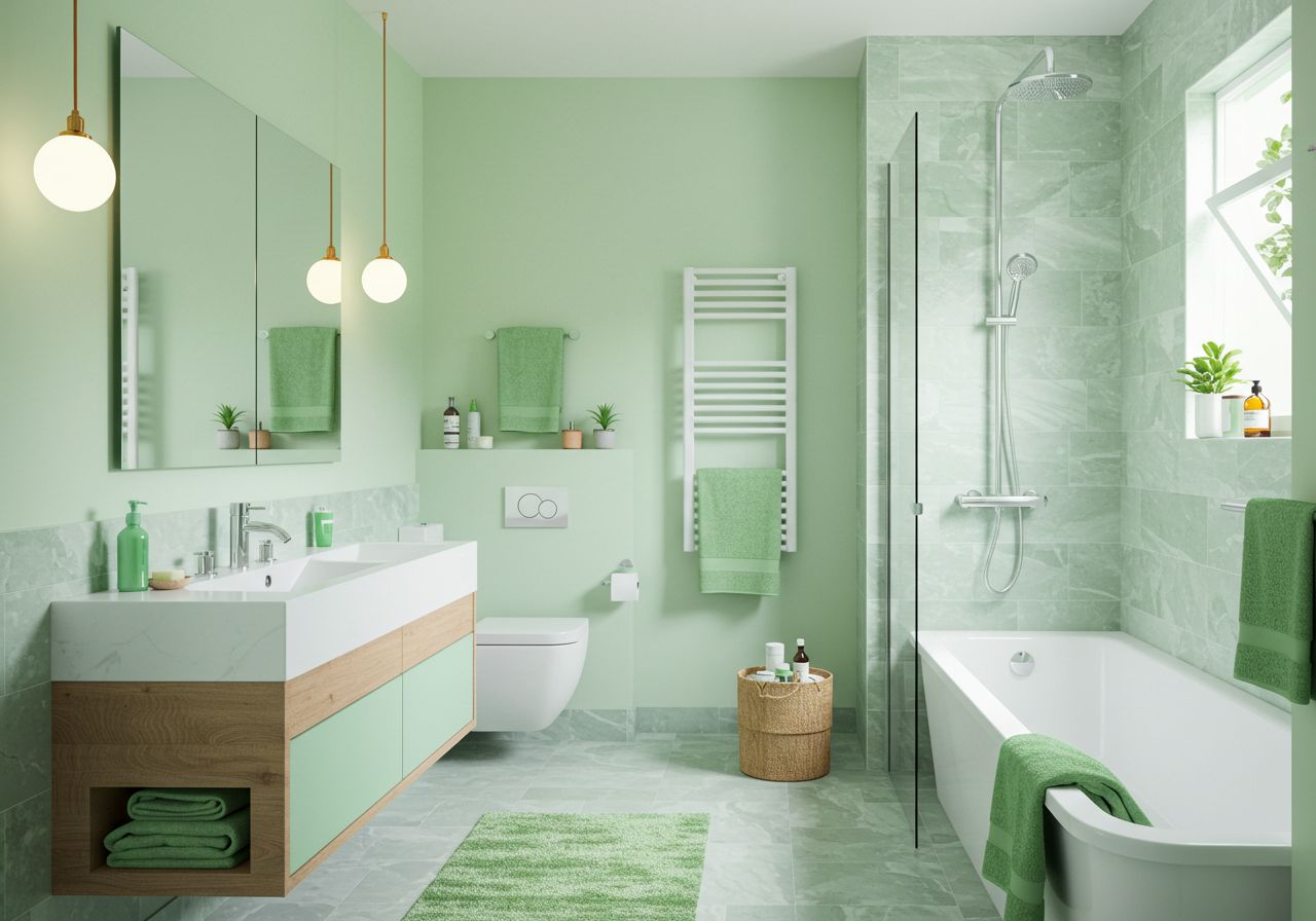 Collection of 25 light green bathroom ideas featuring soothing colors, stylish designs, and tranquil atmospheres.
