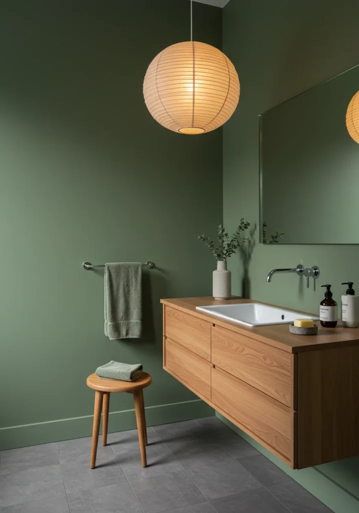 Japandi-style bathroom with sage green walls, wood-slatted vanity, and rice paper lighting