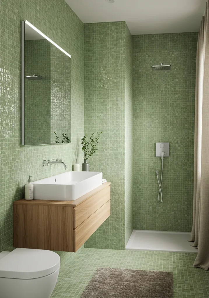 Scandinavian-inspired bathroom with light green mosaic tiles and floating oak vanity
