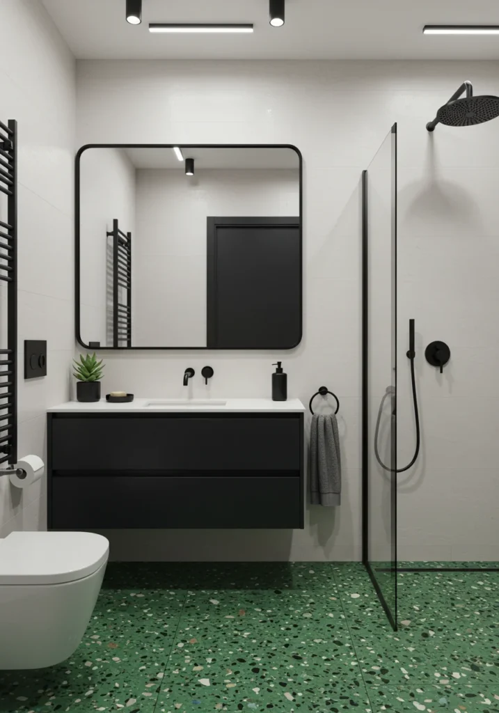 Bold and modern bathroom with green terrazzo flooring, wall-mounted vanity, and black fixtures