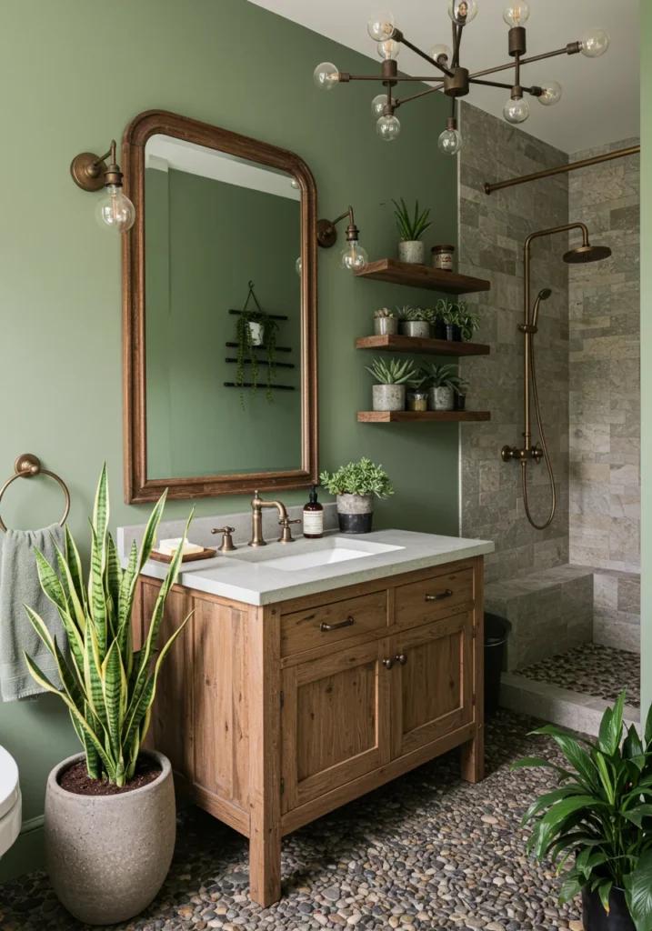 Botanical-themed bathroom with sage green walls, wooden vanity, and large potted plants