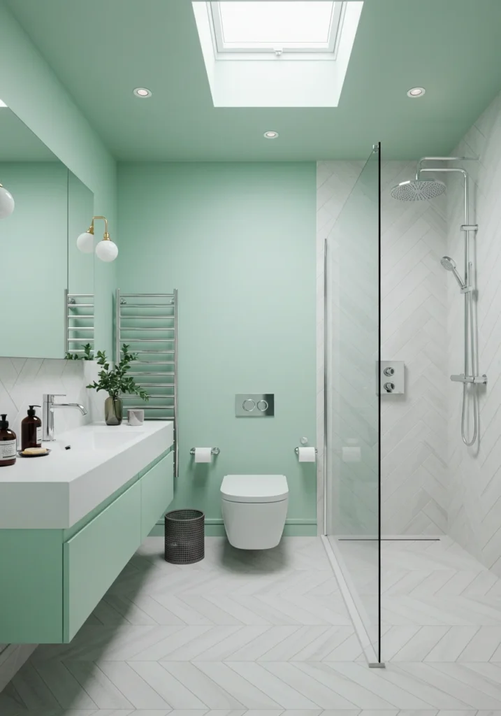 Bright and airy bathroom with pastel green walls, skylight for natural lighting, and white herringbone tiles