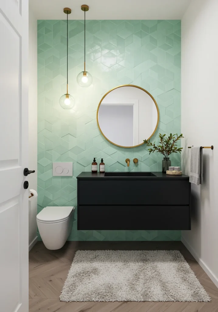 Chic powder room with geometric mint green tile backsplash, black vanity, and gold-framed mirror