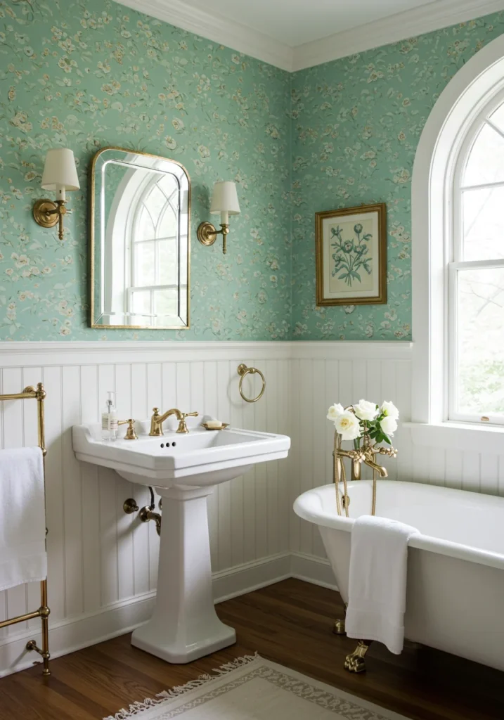 Classic bathroom with soft mint floral wallpaper, pedestal sink, and vintage brass fixtures