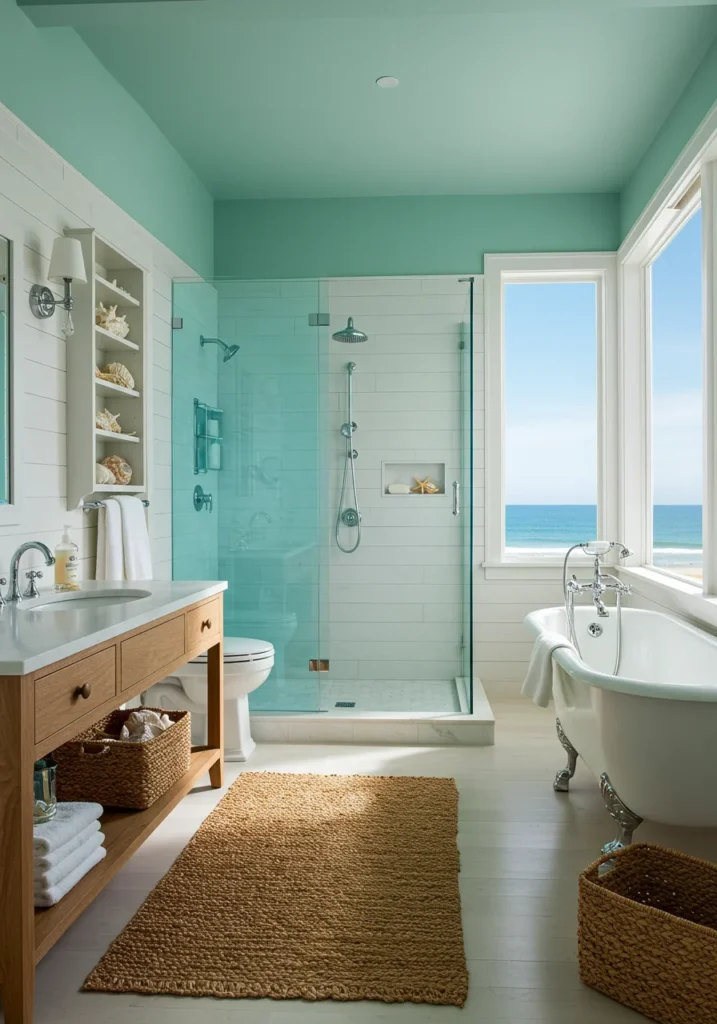 Coastal bathroom with seafoam green walls, white beadboard paneling, and driftwood decor