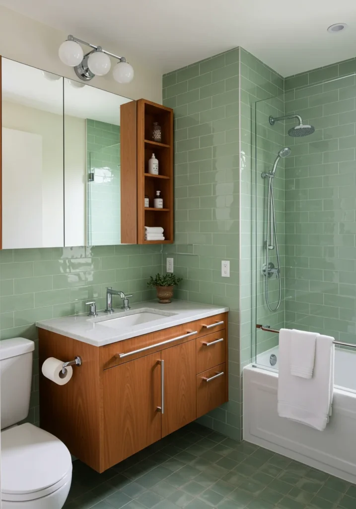 Compact mid-century bathroom with smart storage solutions and corner vanity