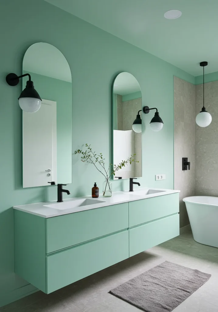 Contemporary bathroom with mint green walls, floating double vanity, and large arch mirrors