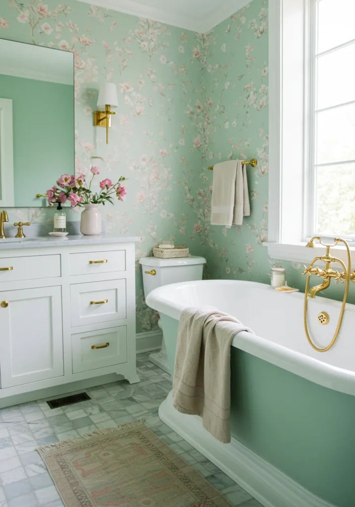 Cozy pastel green bathroom with floral accent wallpaper, white cabinets, and gold fixtures