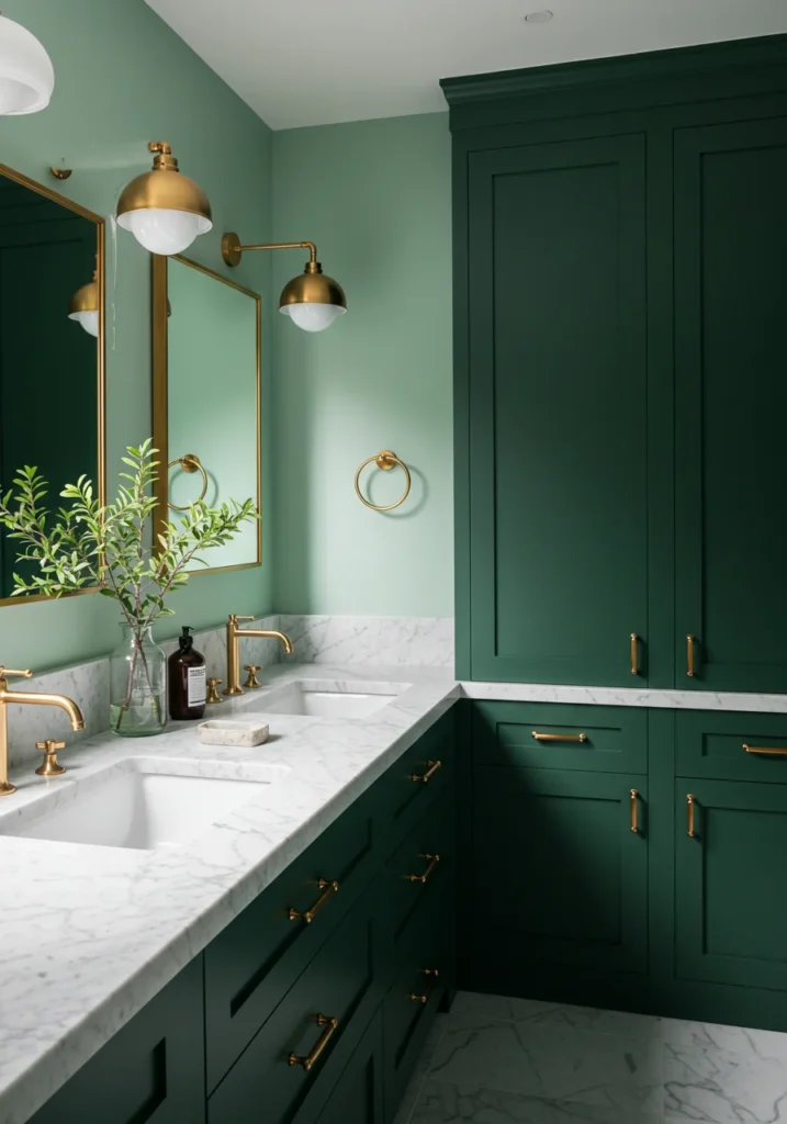 Dramatic dark and light green bathroom with mint-colored walls, dark green vanity cabinets, and brushed gold lighting