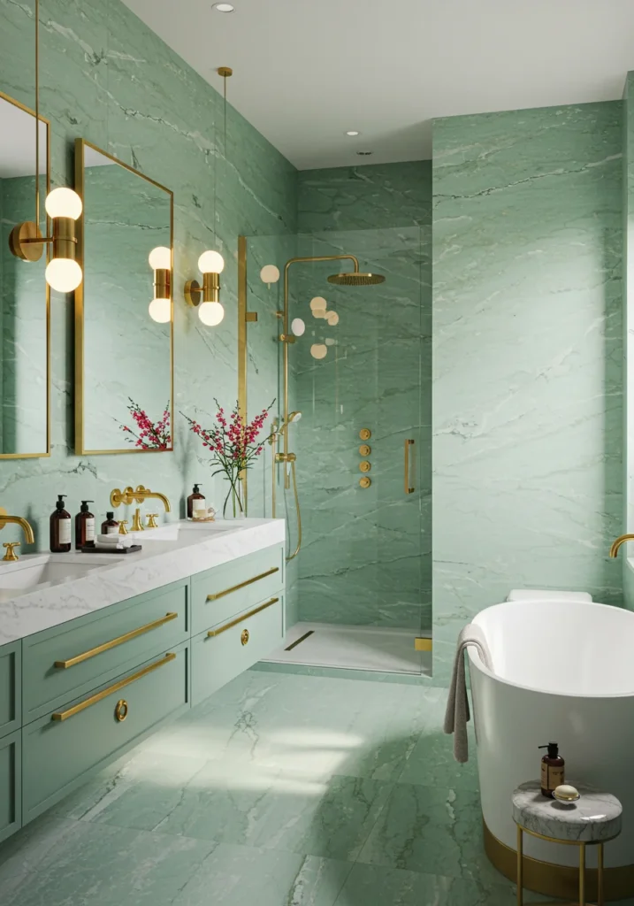 Luxurious bathroom with mint green marble walls, gold sconces, and floating double vanity
