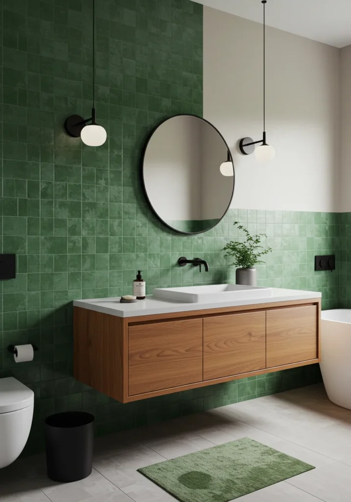  Mid-century modern bathroom with green square tiles, wooden floating vanity, and matte black lighting fixtures