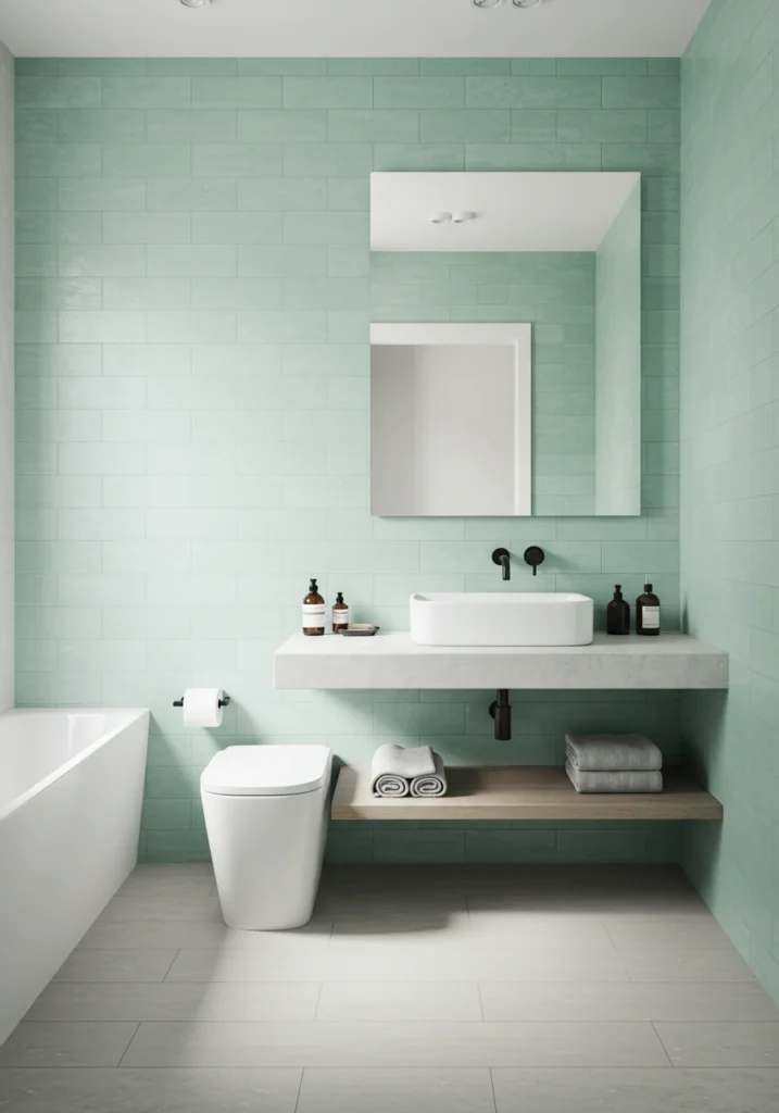 Minimalist bathroom with soft mint subway tiles, frameless mirror, and matte black fixtures