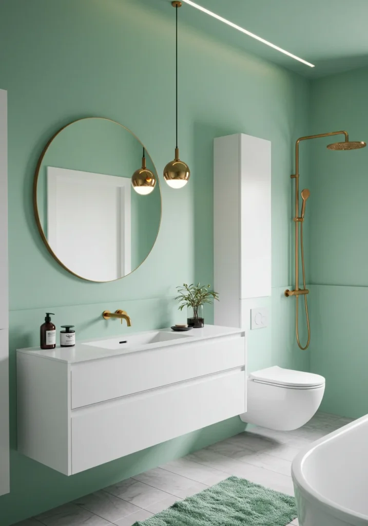 Modern bathroom with mint green walls, white floating vanity, and gold fixtures