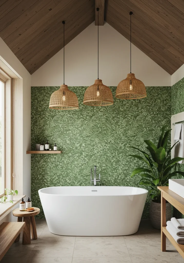 Nature-inspired bathroom with leafy green wallpaper, freestanding white tub, and wooden shelves