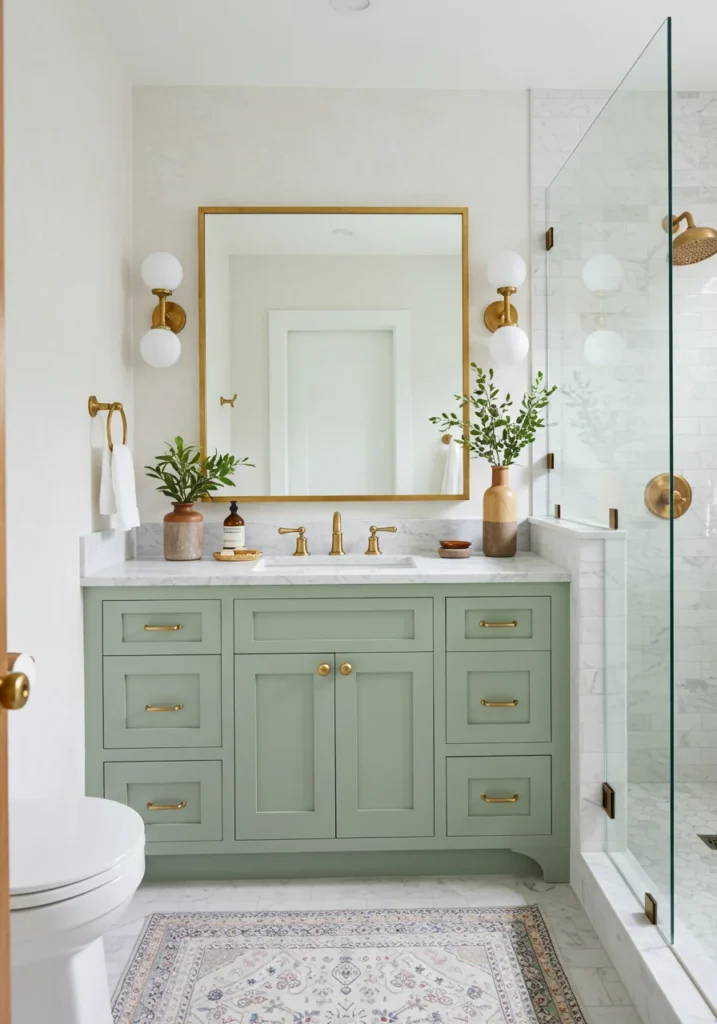 Refreshing bathroom with sage green cabinetry, warm brass fixtures, and marble countertop