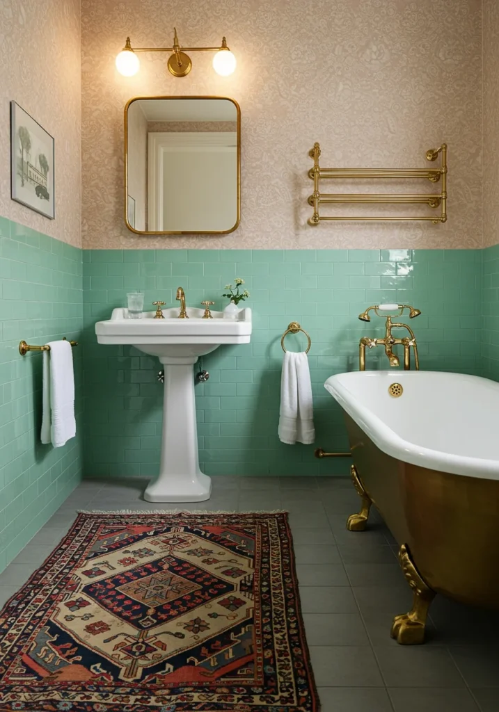 Retro bathroom with mint green tiles and pedestal sink