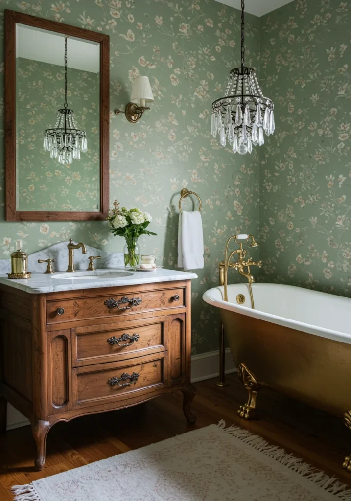 Romantic vintage bathroom with sage green walls, antique vanity, and gold clawfoot bathtub