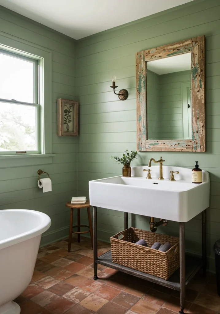 Rustic farmhouse bathroom with sage shiplap walls, farmhouse sink, and reclaimed wood mirror
