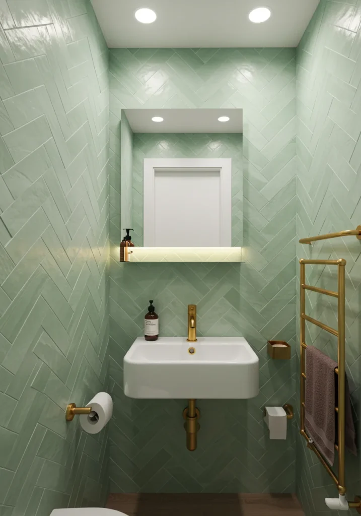 Small bathroom with pastel green herringbone tiles, compact white sink, and gold accents
