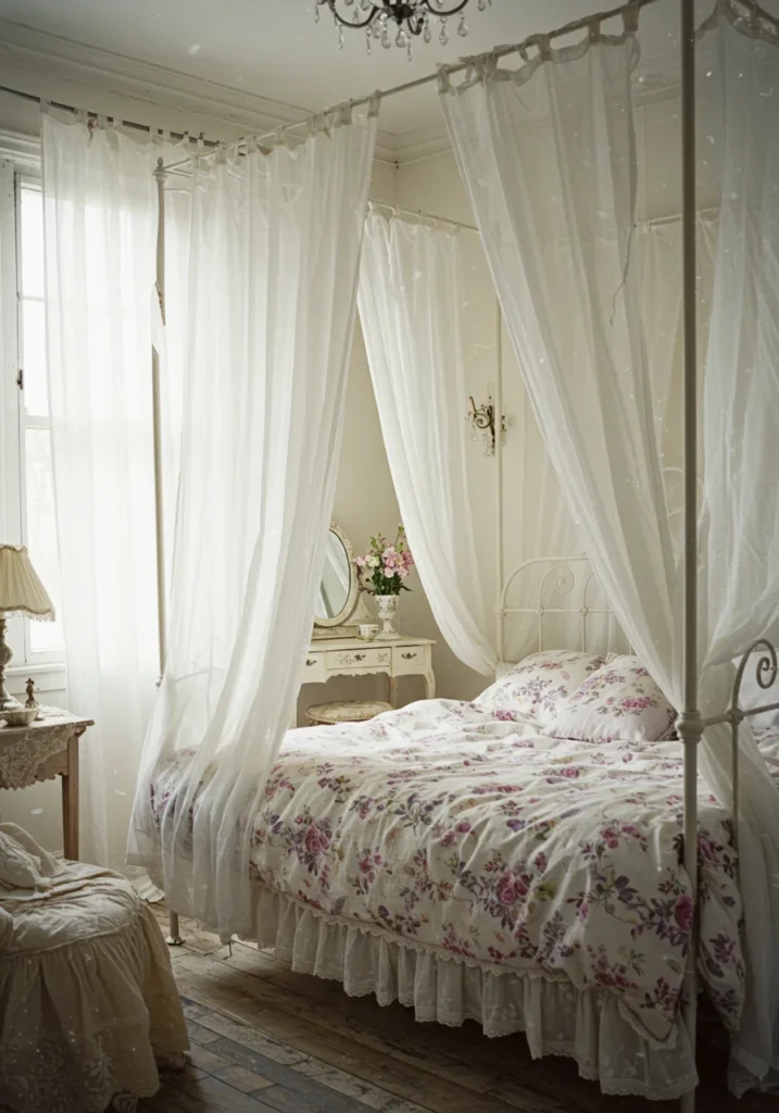 Soft and airy vintage bedroom with sheer drapes