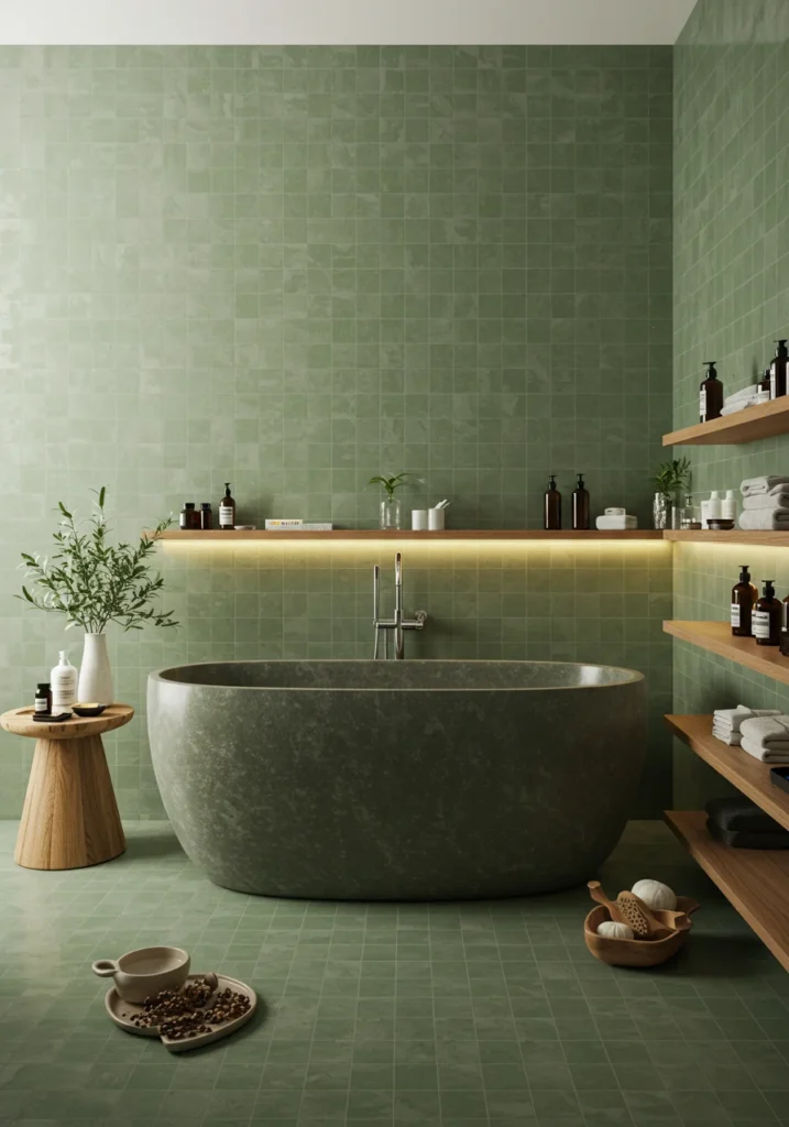 Spa-inspired bathroom with sage green tiles, freestanding stone bathtub, and wooden shelves