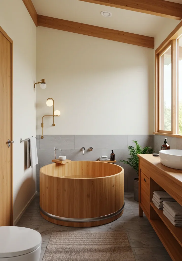 Spa-like mid-century bathroom with Japanese soaking tub and soft neutral colors