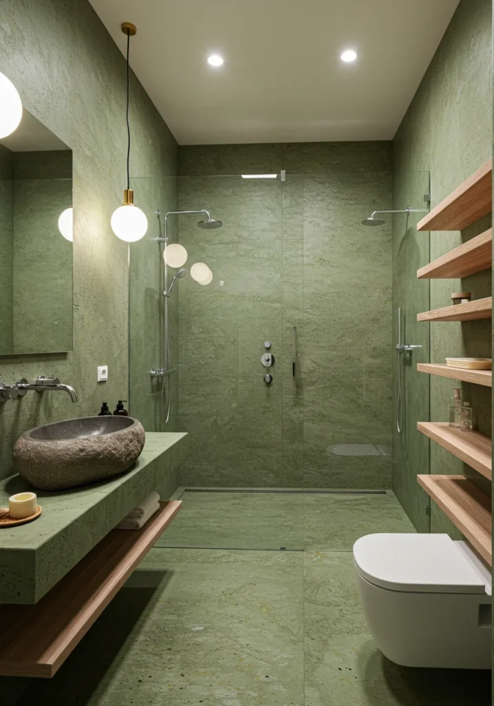 Spa-like retreat with green concrete walls, natural stone sink, and floating wooden shelves