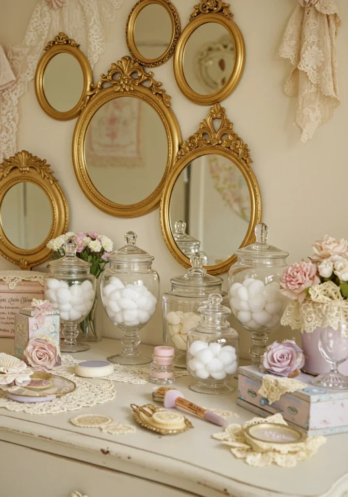 Vintage-inspired DIY vanity setup with gold-framed mirrors