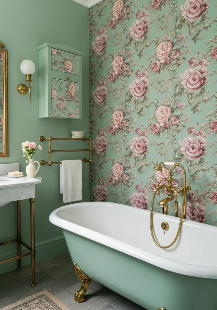 Vintage-style bathroom with pastel green walls, white clawfoot bathtub, and antique brass fixtures