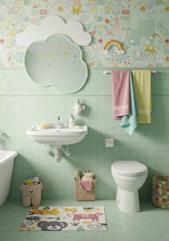 Whimsical kids' bathroom with pastel green tiles, colorful floral wallpaper, and cloud-shaped mirror