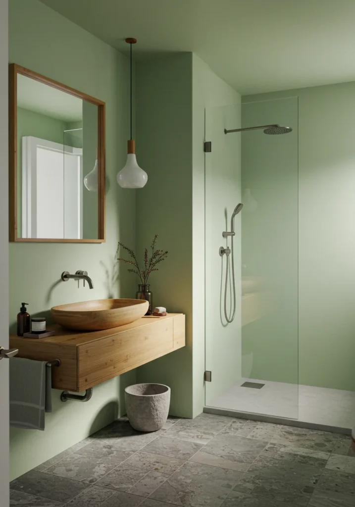 Zen-inspired bathroom with light green walls, floating bamboo sink, and stone flooring