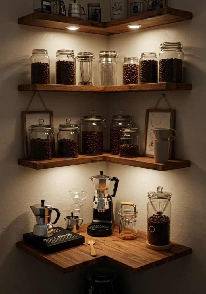 DIY coffee station with floating shelves, glass jars, and warm lighting