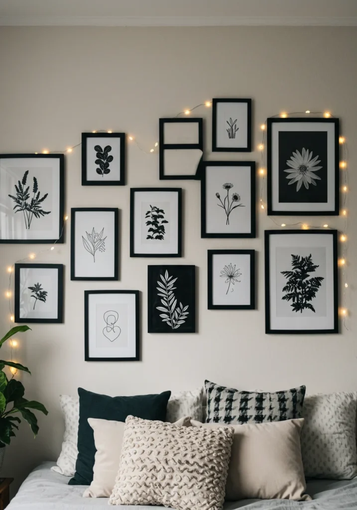 DIY gallery wall with minimalist black-and-white framed prints