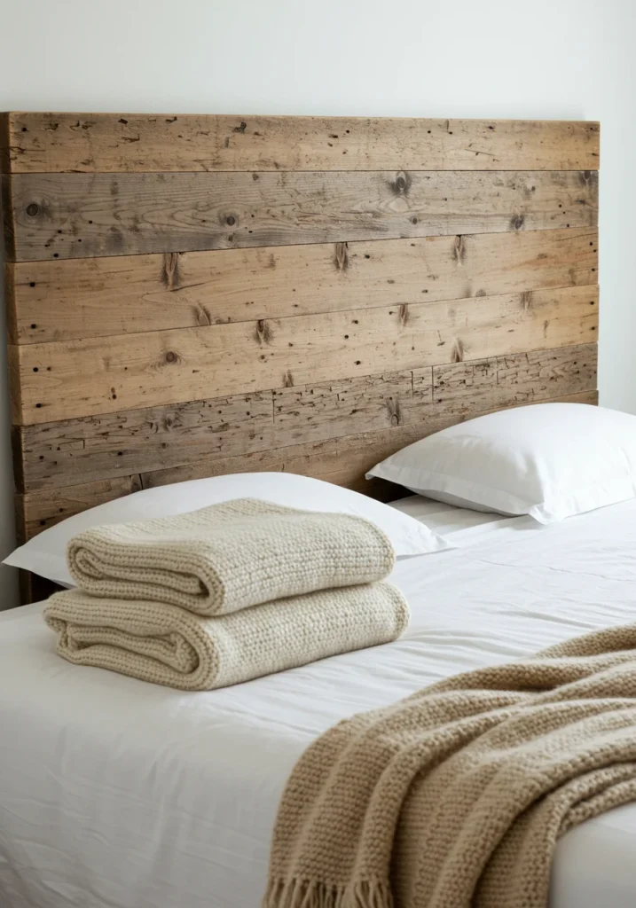DIY headboard made from reclaimed wood with white bedding