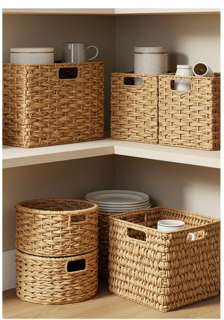 DIY woven basket storage setup for home organization