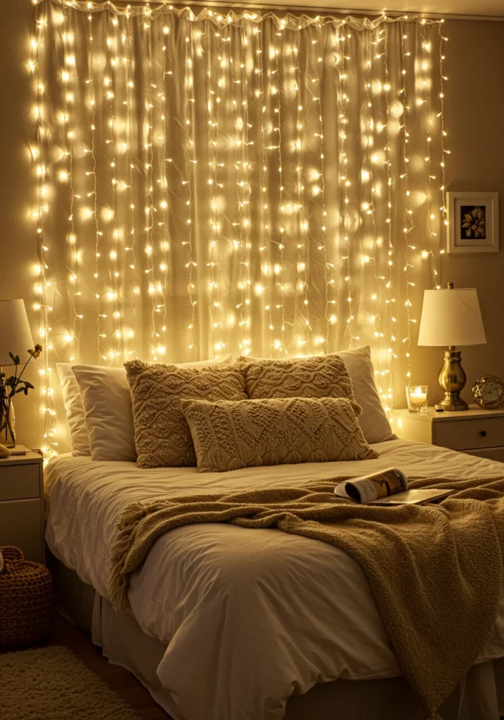 Fairy light curtain setup behind bed with neutral-toned bedding