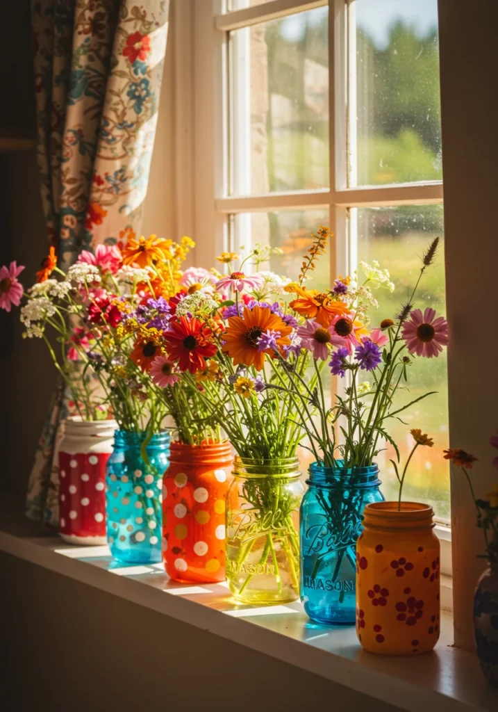 Painted mason jars used as DIY vases filled with wildflowers