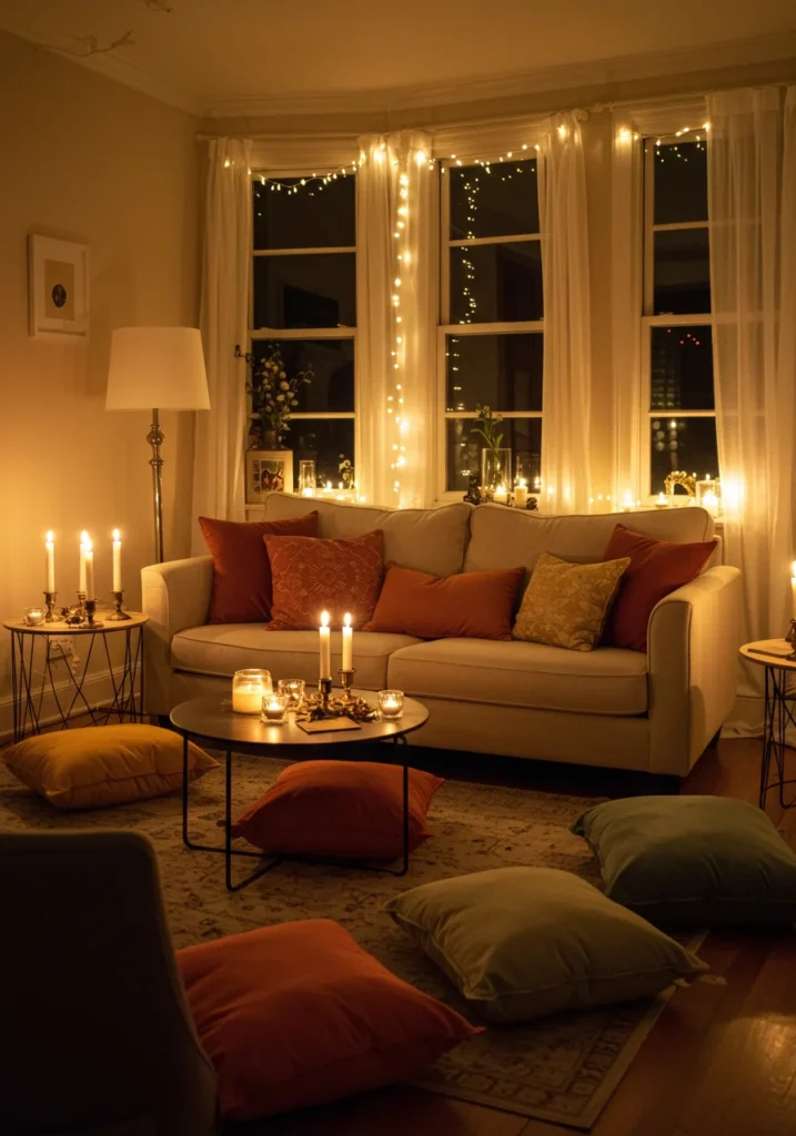 Cozy housewarming party setup with soft lighting, plush cushions, and warm tones.