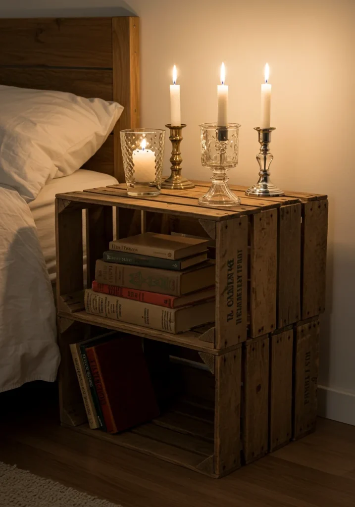 DIY bedside table made from repurposed wooden crates