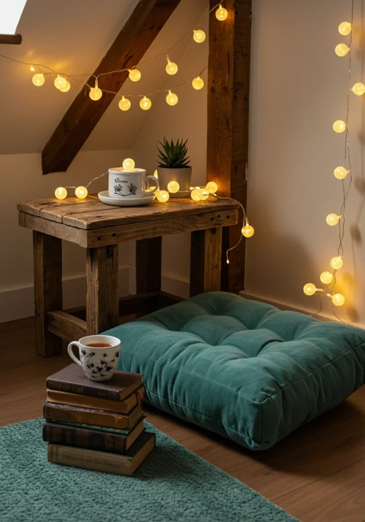 DIY cozy corner with floor pillow, books, fairy lights, and side table