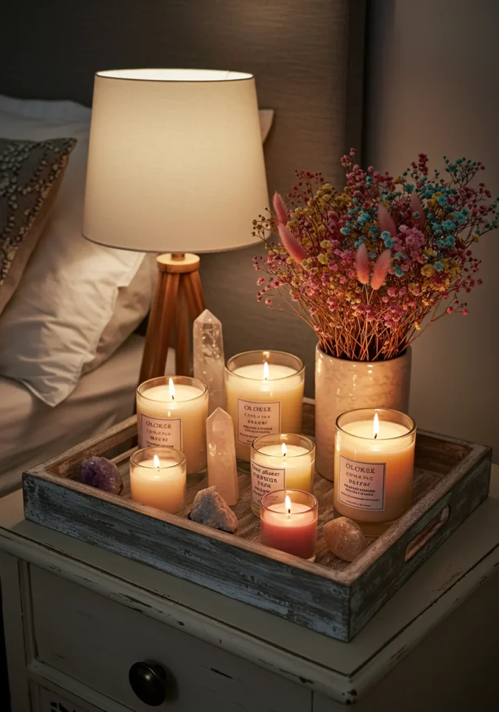 DIY decorative tray with candles, crystals, and dried flowers