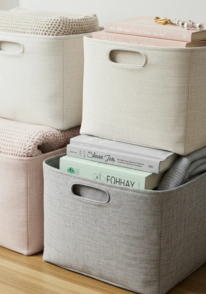 DIY fabric-covered storage baskets in neutral and pastel colors