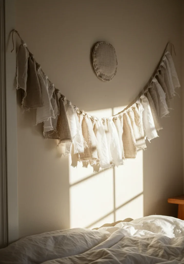 DIY fabric garland made of linen and cotton hanging on bedroom wall