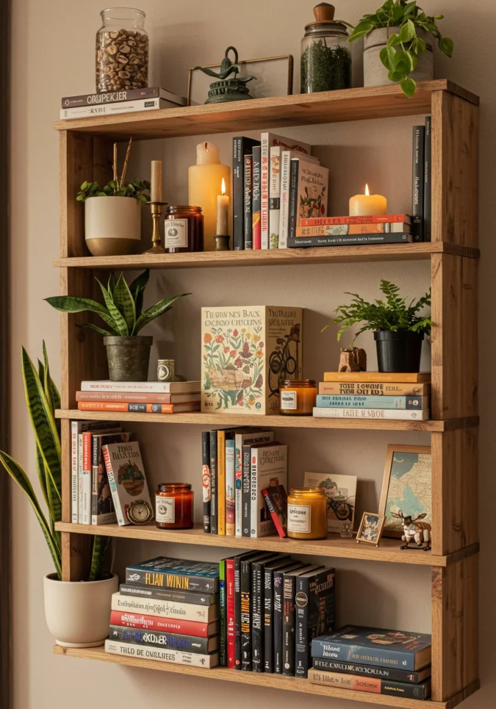 DIY floating bookshelves with plants, candles, and aesthetic decor