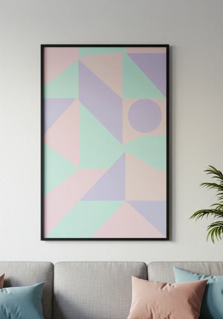 DIY geometric wall art in pastel colors creating an artistic focal point