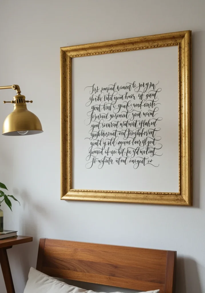 DIY handwritten calligraphy wall art in gold frame on living room wall
