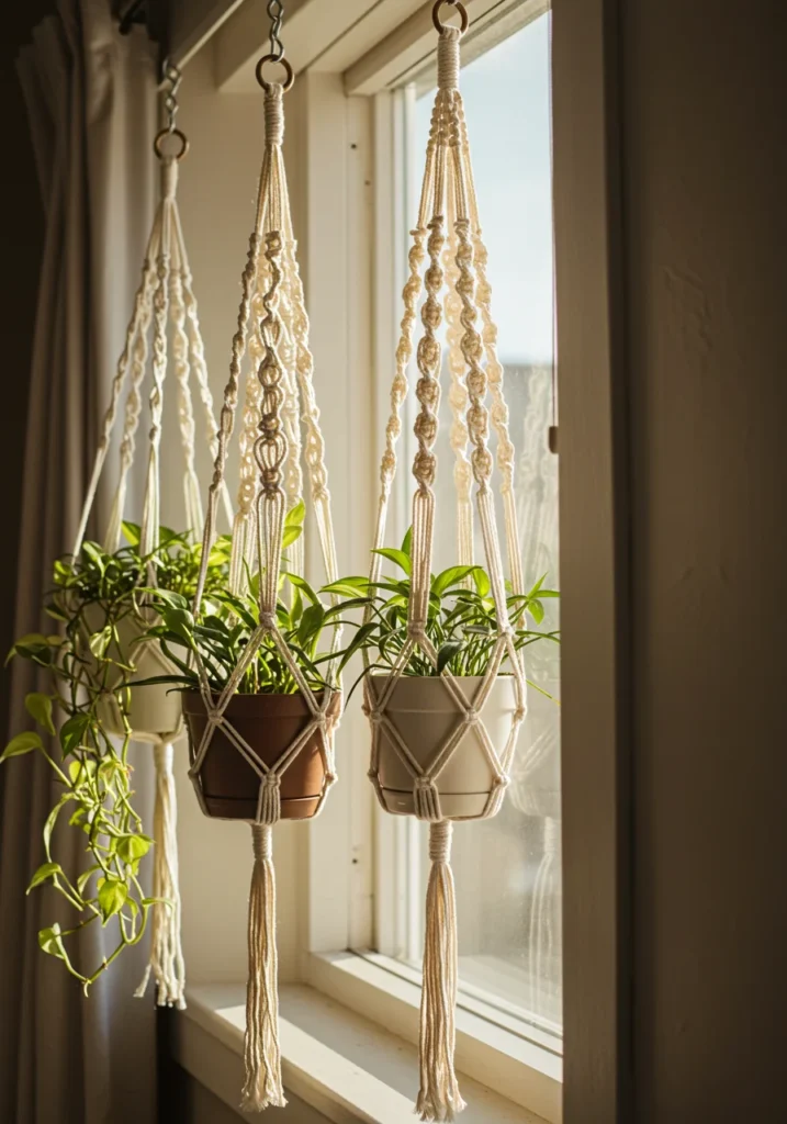 DIY macrame hanging plant holders in front of sunlit window