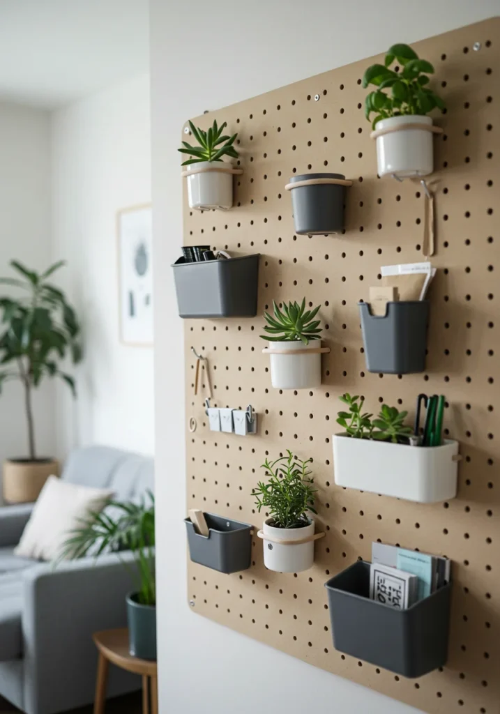DIY minimalist pegboard wall with neutral decor and small planters