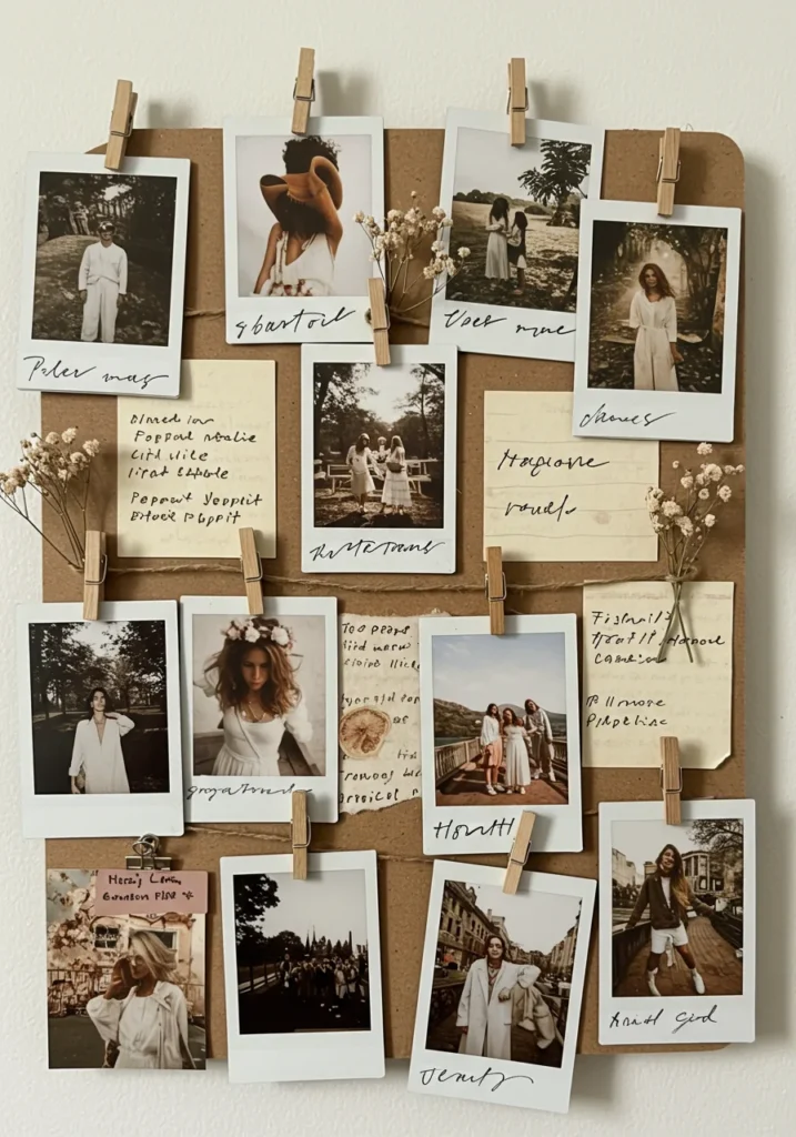 DIY mood board with polaroid photos, aesthetic notes, and dried flowers