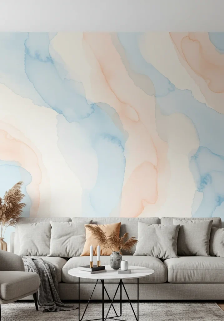 Hand-painted accent wall with pastel watercolor patterns